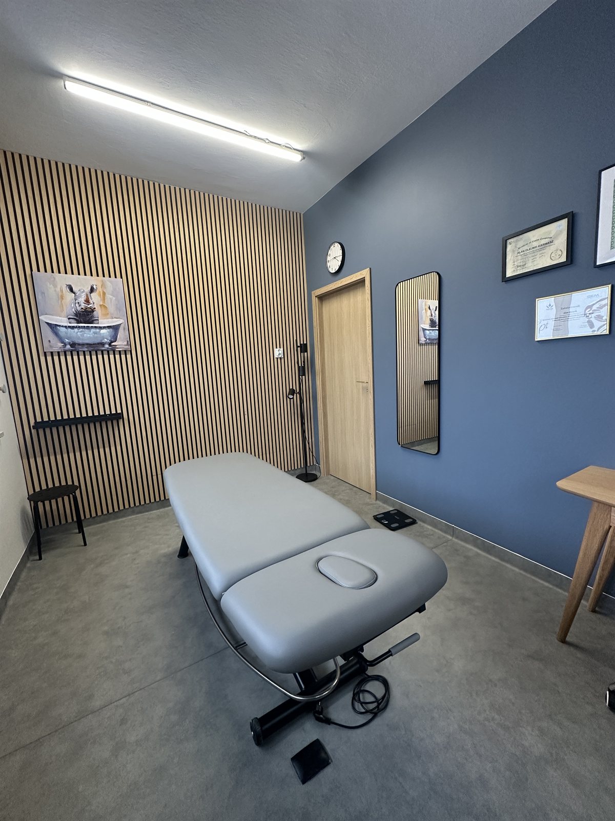 Gabinet terapeutyczny FamConcept - drewniana ściana, nowoczesna kozetka